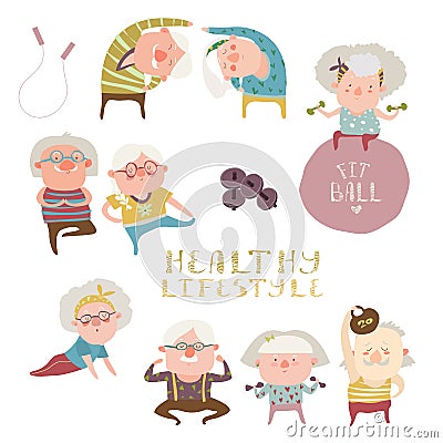 Sey of elderly people doing exercises Vector Illustration