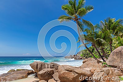 Seychelles beach with beautiful rocks and turquoise sea Stock Photo