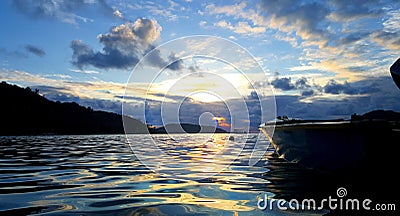 Seychelles Fishing Boat in beautiful Sunset Stock Photo