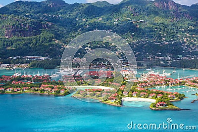 Seychelles Eden Island beach Mahe vacation paradise ocean aerial photo view Stock Photo