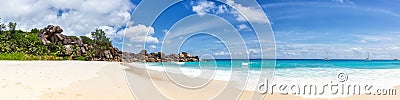 Seychelles Grand Anse beach La Digue island panoramic panorama view vacation holidays travel traveling Stock Photo