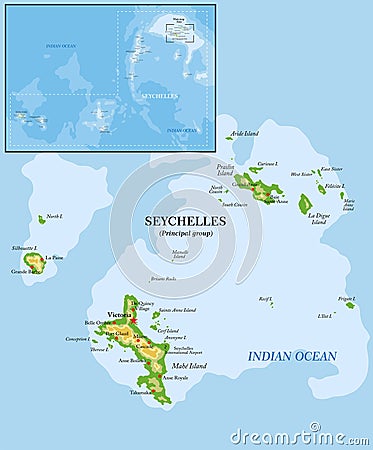 Seychelles islands highly detailed physical map Vector Illustration