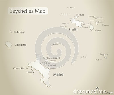 Seychelles map, islands with names, old paper background Vector Illustration