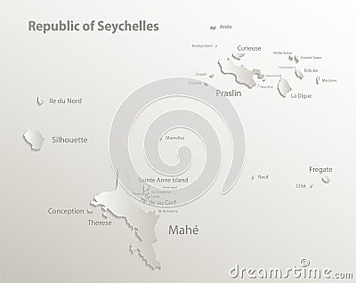 Seychelles map with names of Seychelles islands, effect 3D paper natural Vector Illustration