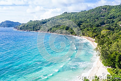 Seychelles Takamaka beach Mahe island landscape scenery drone view aerial photo Stock Photo