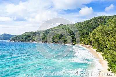 Seychelles Takamaka beach Mahe island landscape scenery nature vacation ocean drone view aerial photo Stock Photo