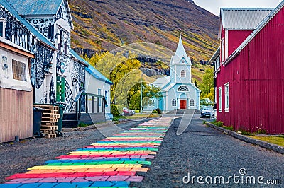 SEYDISFJORDUR, ICELAND, JULY 26, 2018: Empty street of Seydisfjordur town. Colorful morning scene of East Iceland, Europe Editorial Stock Photo