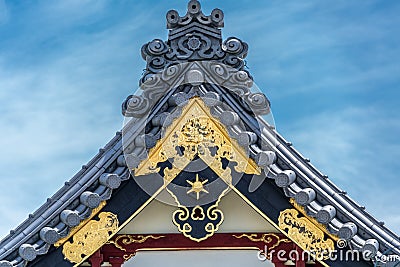 Sezonin temple colorful facade carved golden Dragon. Nagano City, Japan Editorial Stock Photo