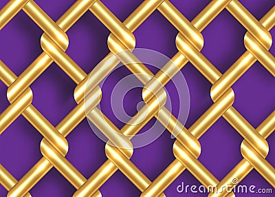 Golden metal wire fence template. Gold chains intertwining and overlapping, vector isolated on purple background Vector Illustration