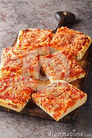 Sfincione Siciliano is a Sicilian style pizza topped with crispy bread crumbs, grated cheese and oregano closeup on the wooden Stock Photo