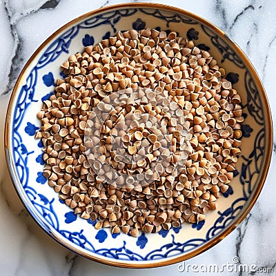 A sful of buckwheat groats showcasing its unique triangular shape and grainy texture perfect for adding to soups and Stock Photo