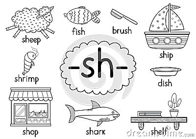 Sh digraph spelling rule black and white educational poster for kids Vector Illustration