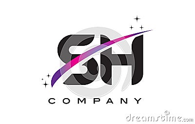 SH S H Black Letter Logo Design with Purple Magenta Swoosh Vector Illustration