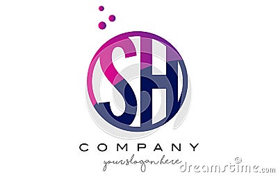 SH S H Circle Letter Logo Design with Purple Dots Bubbles Vector Illustration