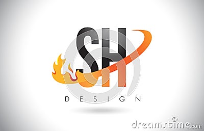 SH S H Letter Logo with Fire Flames Design and Orange Swoosh. Vector Illustration