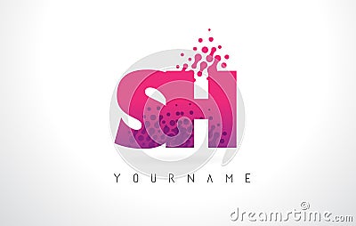 SH S H Letter Logo with Pink Purple Color and Particles Dots Design. Vector Illustration