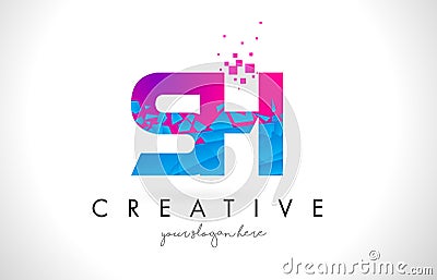 SH S H Letter Logo with Shattered Broken Blue Pink Texture Design Vector. Vector Illustration