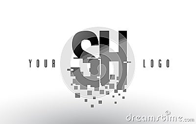 SH S H Pixel Letter Logo with Digital Shattered Black Squares Vector Illustration