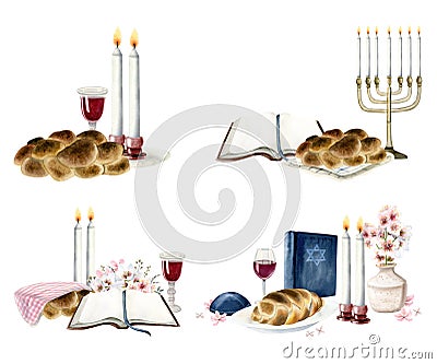 Shabbat ceremony scenes watercolor illustration set with Torah, star of David, candles, challah, red wine and menorah Cartoon Illustration