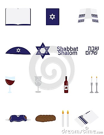 Jewish Shabbat icon set, Shabbat shalom Hebrew and English, star of David, kippah, Kiddush cup, wine glass, wine bottle, Torah Jew Vector Illustration