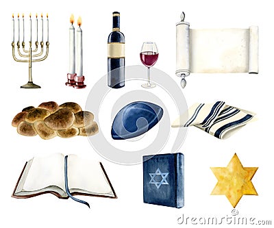 Shabbat Jewish Saturday watercolor illustration set with Torah, star of David, two candles, challah, wine and menorah Cartoon Illustration