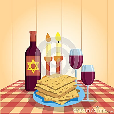 Shabbat shalom. Candles, kiddush cup and matzo. Religious traditions. Vector Illustration