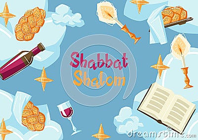 Shabbat Shalom frame with religious objects. Background with Jewish symbols. Judaism concept illustration. Vector Illustration