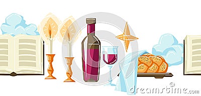 Shabbat Shalom seamless pattern with religious objects. Background with Jewish symbols. Vector Illustration