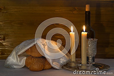Shabbat Shalom - wine, challah and candles Stock Photo