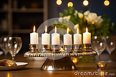 Shabbat table set with white candles. AI Generated Stock Photo