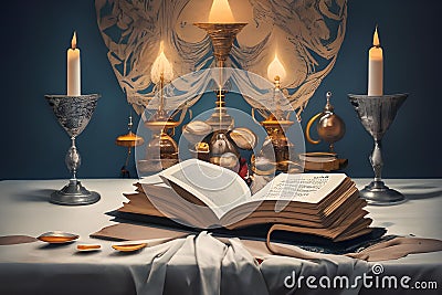 Shabbos table setting, thick closed Leather book on shabbos table with white tableloth, 2 silver candlestick in dark navy room, Stock Photo