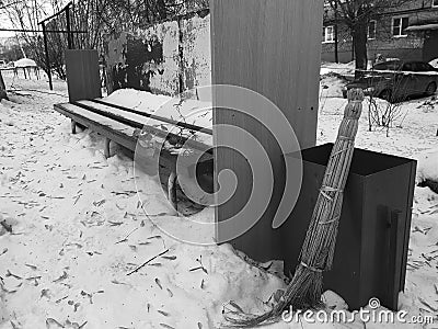 Shabby bench or an old shop on the street Stock Photo