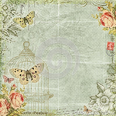 Shabby Chic Floral Butterflies Frame Background Stock Photo