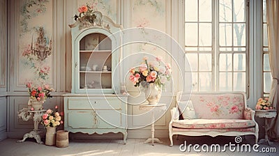 Shabby chic home interior vestibule, vintage and distressed look with pastel colors, floral patternsantique furniture Stock Photo