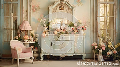 Shabby chic home interior vestibule, vintage and distressed look with pastel colors, floral patternsantique furniture Stock Photo