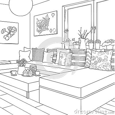 Shabby Chic Living Room Interior Outline Vector Illustration