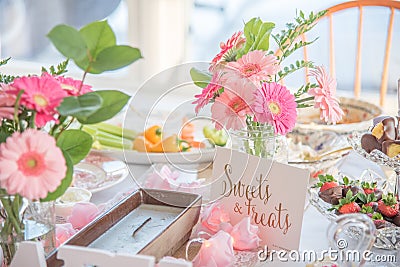 Shabby Chic pink baby shower decorations on table Stock Photo