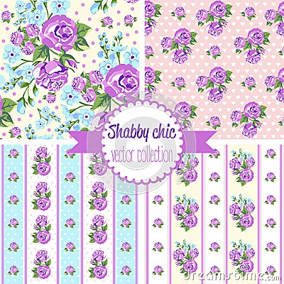 Shabby Chic Rose Patterns. Set seamless pattern. Vintage floral pattern, backgrounds. Vector Illustration