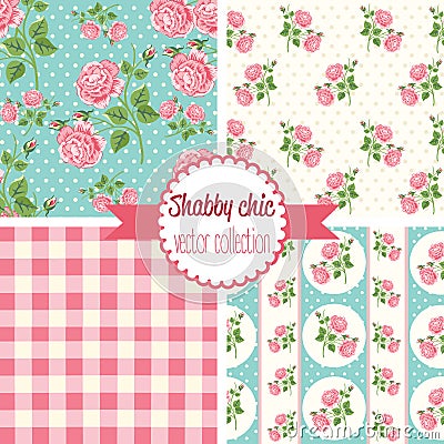 Shabby Chic Rose Patterns. Set seamless pattern. Vintage floral pattern, backgrounds. Vector Illustration