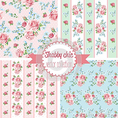 Shabby Chic Rose Patterns. Set seamless pattern. Vintage floral Vector Illustration