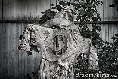 Shabby and dirty garden scarecrow close up Stock Photo
