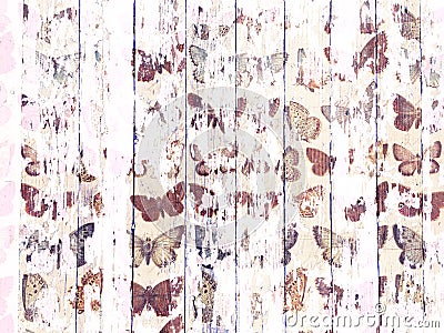 Shabby wood-grain texture white washed with distressed butterfly pattern Stock Photo