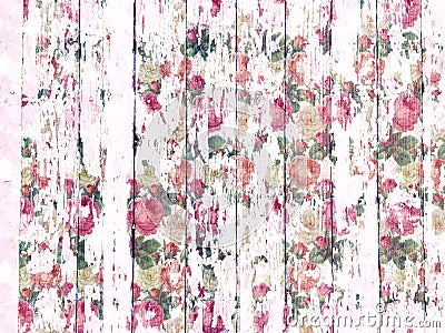 Shabby wood-grain texture white washed with distressed roses pattern Stock Photo