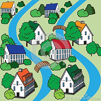 Vector seamless pattern with houses and trees Vector Illustration