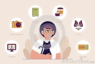 ShablonFlat about me concept with interests and hobbies Vector illustration Vector Illustration