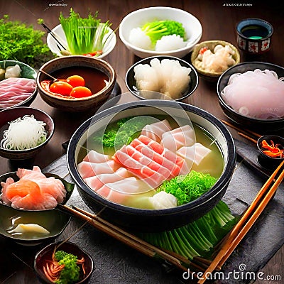 Shabu-Shabu, Japanese food that is beautifully and colorfully arranged on the table, is unique and appetizing. Stock Photo