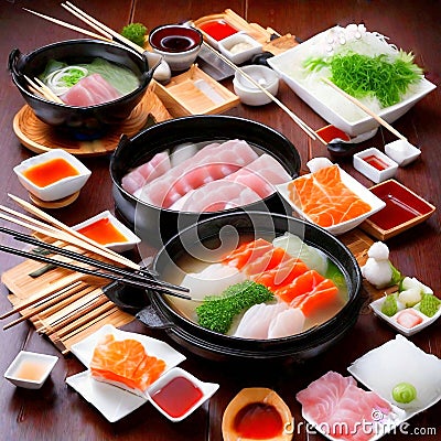 Shabu shabu, a Japanese dish with meat and vegetables beautifully arranged on a table and a soup pot, Appetizing and is unique. Stock Photo