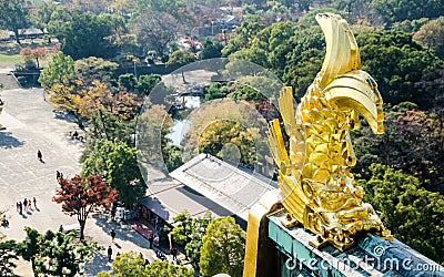 Shachi-Gawara statue at atop Osaka Castle in afternoon light. Stock Photo