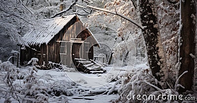 Shack, Lodge, Cabin Retreat. Wood cabin in a winter forest landscape. Snowing Christmas. Stock Photo