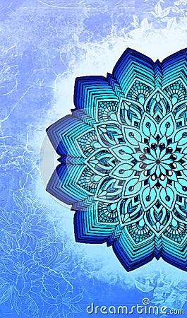 shaded blue hand drawn half mandala art print seemless pattern floral blue aesthetic background Stock Photo